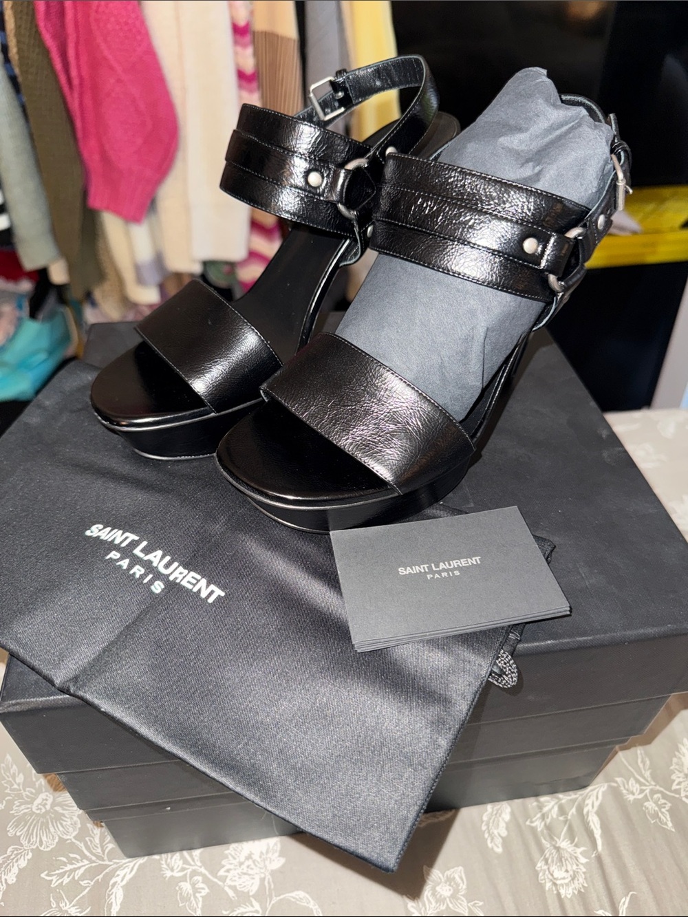 Saint Laurent Lido Black Leather Platform Ankle-Strap Heels - Picture 2 of 9